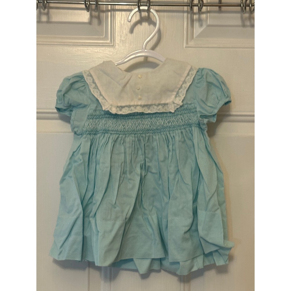 Vintage Polly Flinders Hand Smocked Blue Lace Collar Baby Dress 12 Months